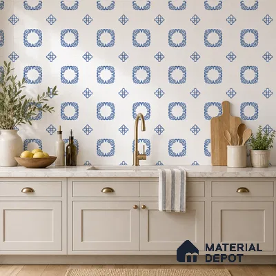 Mediterranean Kitchen with Blue and White Floral Backsplash Tile and Greige Cabinets